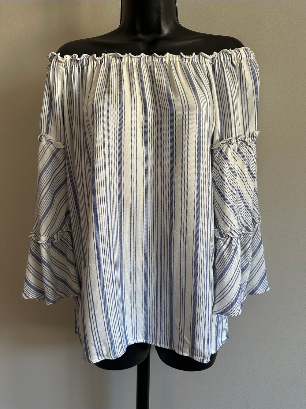 DREW White and Light Blue Striped Off-Shoulder Blouse